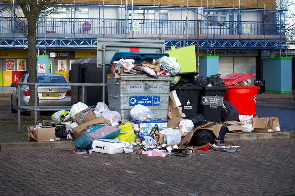 A large collection of mixed waste and rubbish, including crumpled cardboard boxes, plastic bags, paper, and household waste, is piled on a paved sidewalk in front of a commercial building. The waste is scattered around a central grey and blue recycling bin labeled for mixed paper and cardboard, with some materials overflowing onto the ground. Several black and red garbage bags are placed nearby, along with loose packaging, boxes, and discarded items. The scene is set on an urban pavement adjacent to parked cars, with a metal railing separating the waste from the street. In the background, the building features storefronts with signage, large windows, and a blue scaffold or construction framework, indicating ongoing work or renovations. The lighting appears natural, with daytime illumination, and the overall scene reflects a typical example of private waste accumulation that might be addressed by local rubbish clearance services such as Rubbish Clearance Bayswater, supporting alternative waste handling options apart from local authority collection.